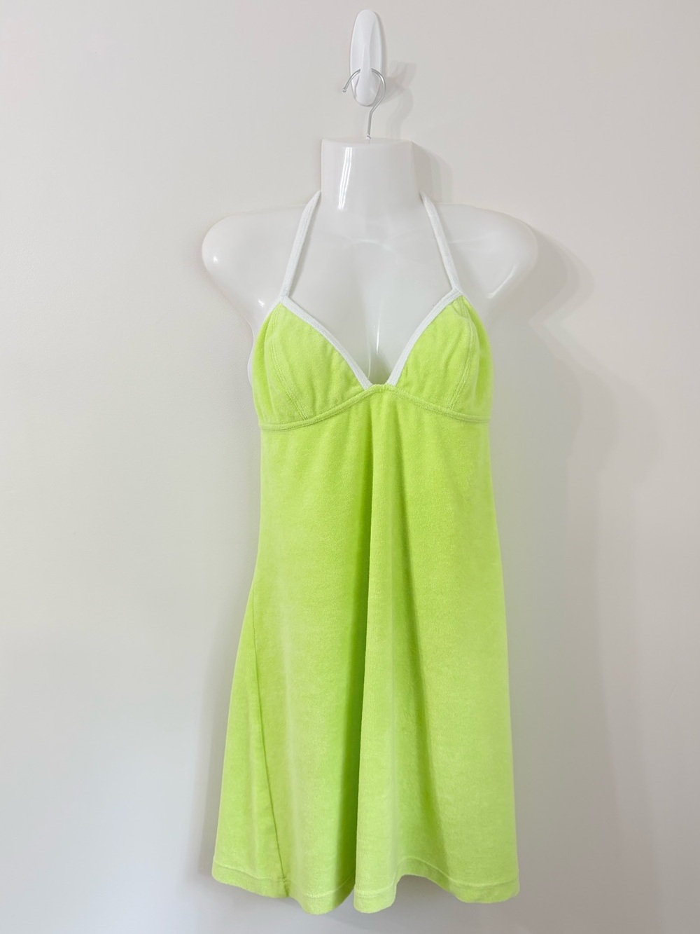 VTG LASENZA Lime Green Terry Cloth Halter Dress Y2K Beachy Swim Coverup Festival